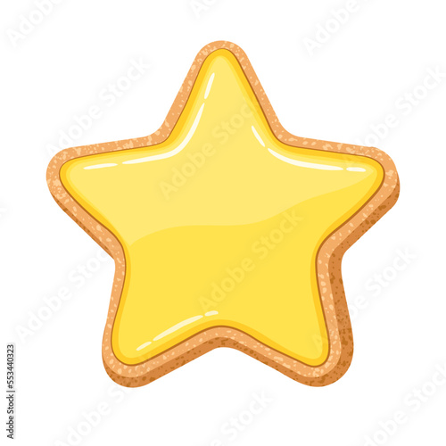 Sugar cookie star shape. Gingerbread glazed with yellow icing. Christmas home cooking. Shortbread bisquit star with glossy glaze. Handmade bakery icon. Sweet Xmas snack cartoon vector illustration.