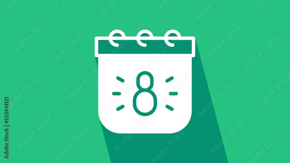 White Calendar with 8 March icon isolated on green background. International Happy Women Day. 4K Video motion graphic animation White Calendar with 8 March icon isolated on green background. International Happy Women Day. 4K Video motion graphic animation