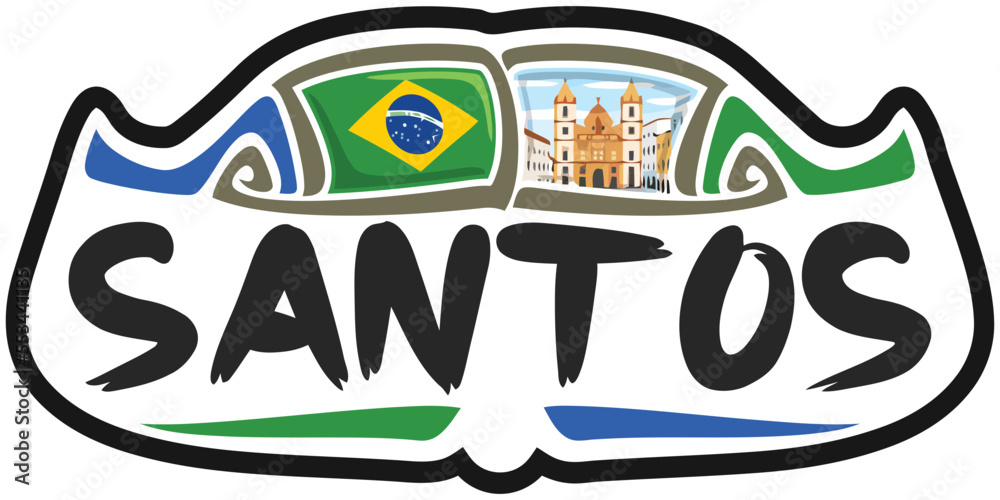 Santos Brazil Flag Travel Souvenir Sticker Skyline Landmark Logo Badge Stamp Seal Emblem SVG EPS