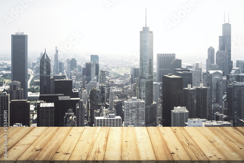 Table top made of wooden dies with beautiful Chicago skyline on background, mockup © Pixels Hunter