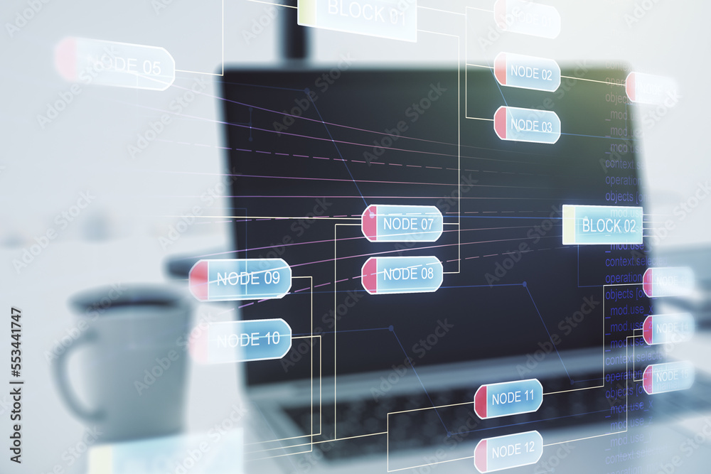 Double exposure of abstract creative programming illustration on computer background, big data and blockchain concept Double exposure of abstract creative programming illustration on computer background, big data and blockchain concept