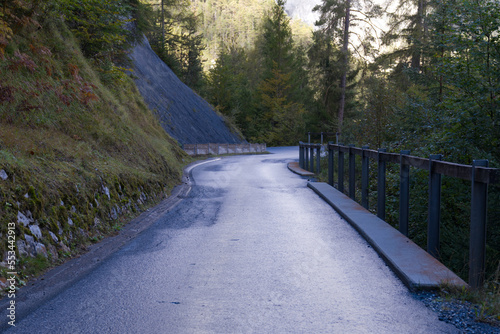 Beautiful autumn morning with scenic view of winding road in the Swiss Alps in the woods. Photo taken September 26th, 2022, Versam, Anterior Rhine Valley, Switzerland. photo