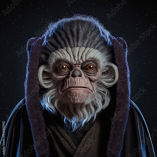 Old monkey wearing brown clothes and hat.