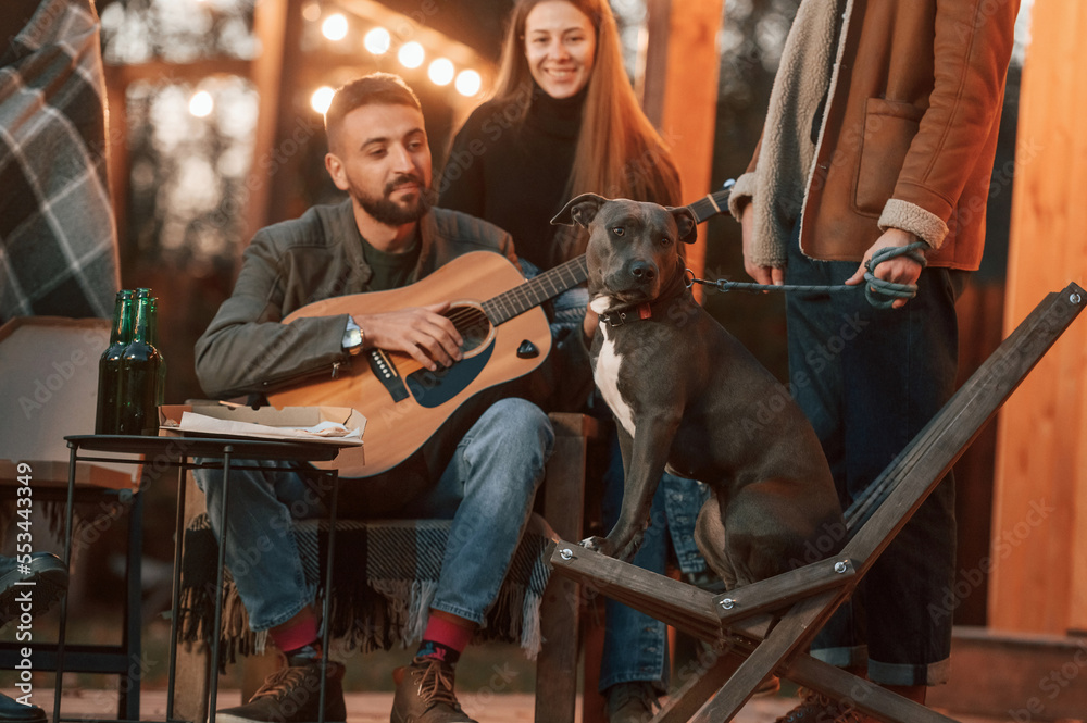 Group of people is having fun together. Man playing guitar, his friend is playing with dog