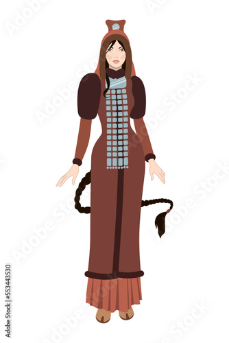 Sakha girl. Yakut woman isolated vector illustration. Beautiful woman in traditional Yakut dress. Full length middle Asian female. Yhyakh costume. 