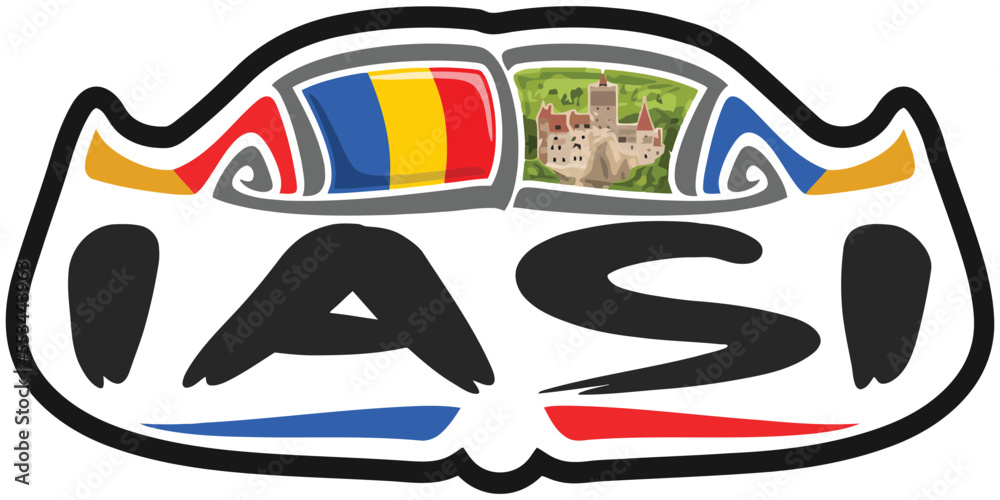 Iasi Romania Flag Travel Souvenir Sticker Skyline Landmark Logo Badge Stamp Seal Emblem EPS
