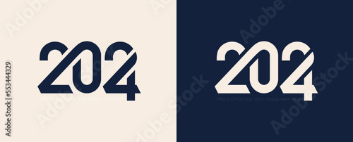 Trendy logo Happy New Year 2024 greeting poster design. Minimalistic Trendy colored 2024 New Year. Creative cover of business diary for 2024 with wishes. Brochure design template, card, banner.
