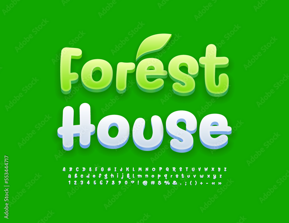Vector eco banner Forest House. Funny white 3D Font. Creative handwritten Alphabet Letters, numbers and Symbols set Vector eco banner Forest House. Funny white 3D Font. Creative handwritten Alphabet Letters, numbers and Symbols set