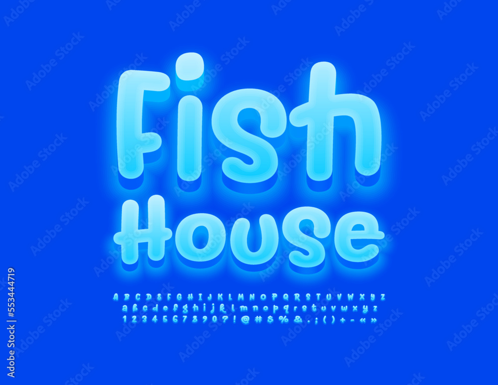 Vector creative banner Fish House. Glowing Blue Font. Handwritten Alphabet Letters and Numbers set