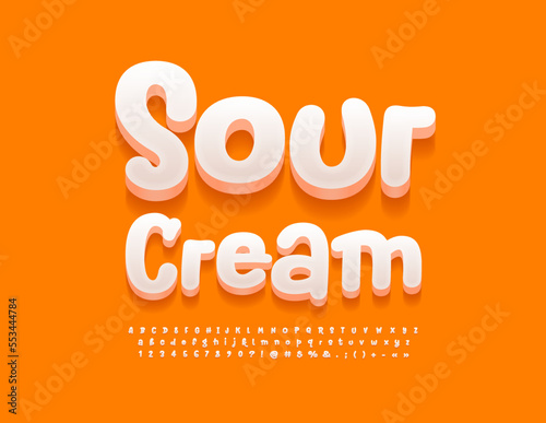 Vector delicious emblem Sour Cream with funky Font. Trendy set of creamy colored Alphabet Letters, Numbers and Symbols set