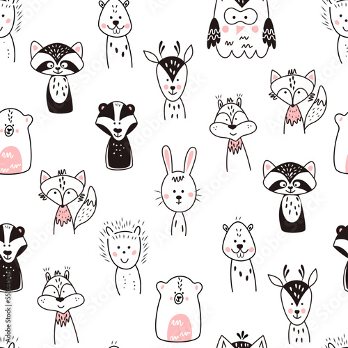 Seamless pattern with cute animals in Scandinavian style. Vector funny illustration for children.