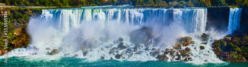 Detailed close panorama of entire American Falls in Niagara Falls from Canada side