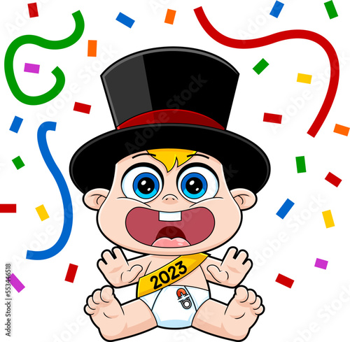 Cute New Year Baby Cartoon Character With Top Hat In Panic. Vector Hand Drawn Illustration Isolated On White Background