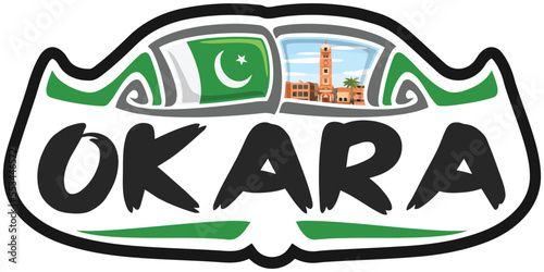 Okara Pakistan Flag Travel Souvenir Sticker Skyline Landmark Logo Badge Stamp Seal Emblem Coat of Arms Vector Illustration SVG EPS