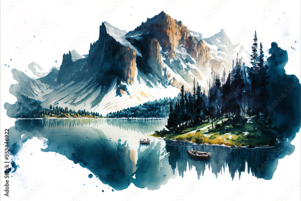 illustration of the alps with beautiful lake in front of it, watercolor masterpiece,Generative AI. - obrazy, fototapety, plakaty 