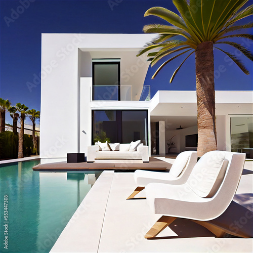 Luxury house exterior with a pair of sunbeds in a deck by the pool © FrankBoston
