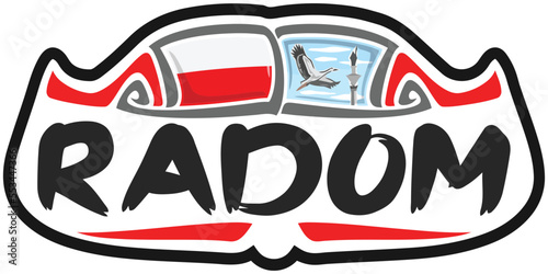 Radom Poland Flag Travel Souvenir Sticker Skyline Landmark Logo Badge Stamp Seal Emblem Coat of Arms Vector Illustration SVG EPS