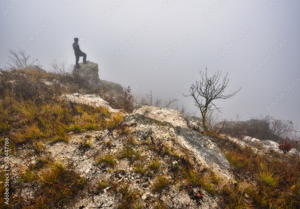 young woman stands on a rock above a river canyon. female tourist enjoys foggy autumn landscape. nature of Ukraine