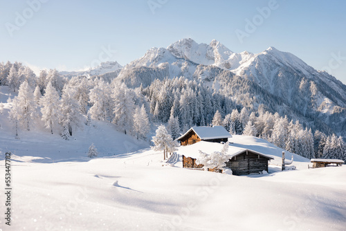 Beautiful winter mountain landscape with snowcapped wooden hut © Olha Sydorenko