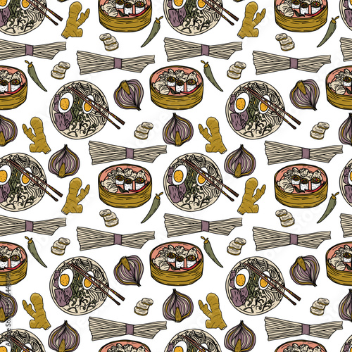 Vector Panasian food seamless pattern. Hand drawn sketch with asian food such as noodles, shrimps, gingers, dumplings, roast ducks, spicy soup, fried crabs.