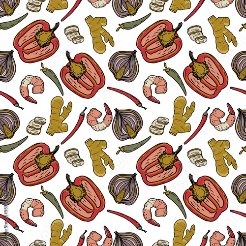 Vector Panasian food seamless pattern. Hand drawn sketch with asian food such as noodles, shrimps, gingers, dumplings, roast ducks, spicy soup, fried crabs.