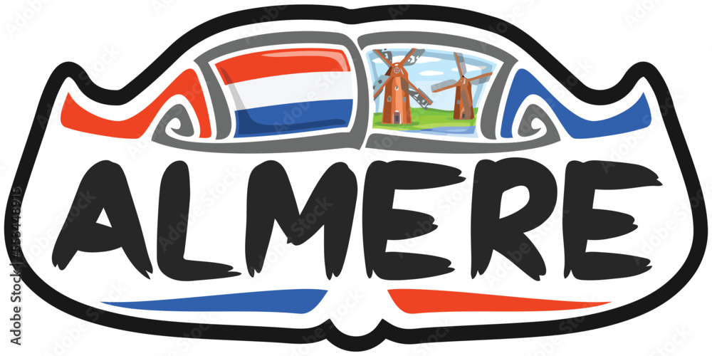 Almere Netherlands Flag Travel Souvenir Sticker Skyline Landmark Logo Badge Stamp Seal Emblem Coat of Arms Vector Illustration SVG EPS