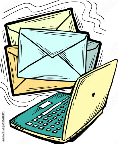 Email marketing vector, online remote laptop home working. Corporate communication, clients feedback, promotion strategi with digital post advertisement. Mailing letter list media business. Hand drawn