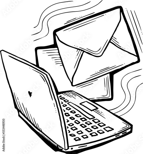 Email marketing vector, online remote laptop home working. Corporate communication, clients feedback, promotion strategi with digital post advertisement. Mailing letter list media business. Hand drawn