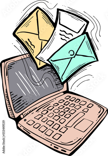 Email marketing vector, online remote laptop home working. Corporate communication, clients feedback, promotion strategi with digital post advertisement. Mailing letter list media business. Hand drawn