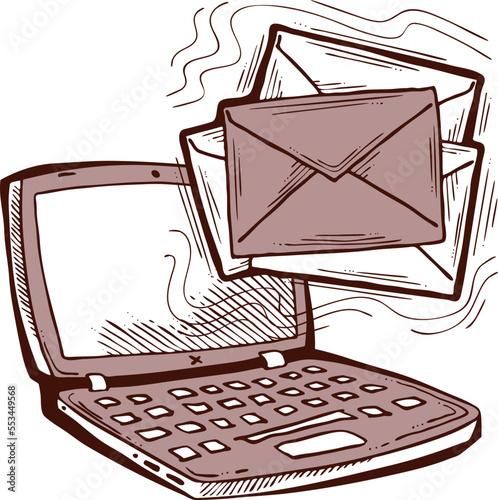 Email marketing vector, online remote laptop home working. Corporate communication, clients feedback, promotion strategi with digital post advertisement. Mailing letter list media business. Hand drawn
