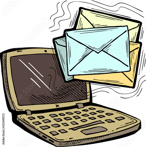 Email marketing vector, online remote laptop home working. Corporate communication, clients feedback, promotion strategi with digital post advertisement. Mailing letter list media business. Hand drawn
