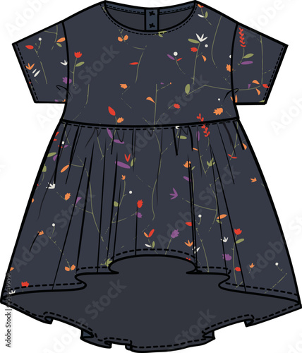KID GIRLS OVERSIZE FOLK FLORAL DRESS VECTOR SKETCH