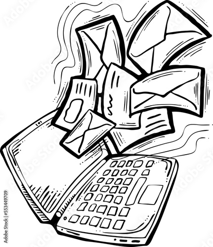 Email marketing vector, online remote laptop home working. Corporate communication, clients feedback, promotion strategi with digital post advertisement. Mailing letter list media business. Hand drawn