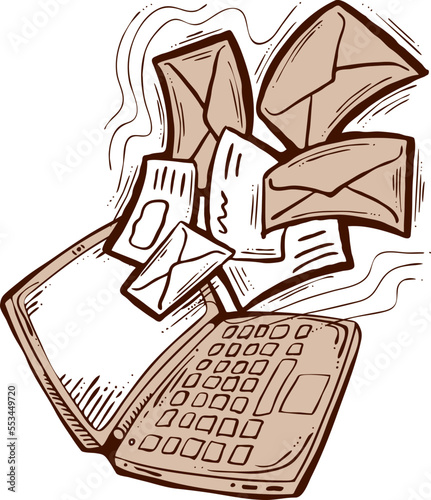 Email marketing vector, online remote laptop home working. Corporate communication, clients feedback, promotion strategi with digital post advertisement. Mailing letter list media business. Hand drawn