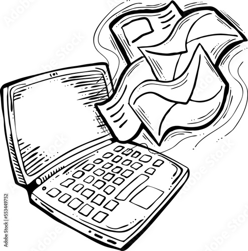 Email marketing vector, online remote laptop home working. Corporate communication, clients feedback, promotion strategi with digital post advertisement. Mailing letter list media business. Hand drawn