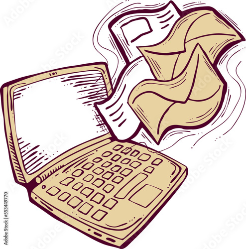 Email marketing vector, online remote laptop home working. Corporate communication, clients feedback, promotion strategi with digital post advertisement. Mailing letter list media business. Hand drawn