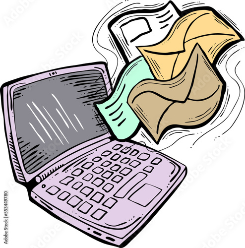 Email marketing vector, online remote laptop home working. Corporate communication, clients feedback, promotion strategi with digital post advertisement. Mailing letter list media business. Hand drawn