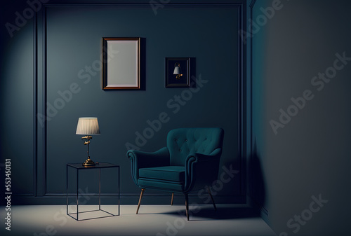 Interior of a mock living room with a chair against a background of a blank, dark blue wall. Generative AI