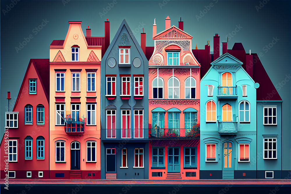 Multicolored houses with bright color facades with a cute naif European style