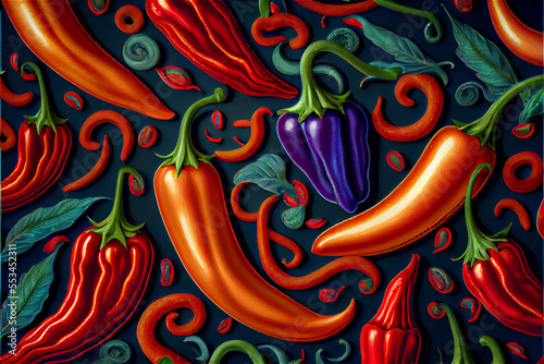 multicolored peppers and chilis background with different varieties