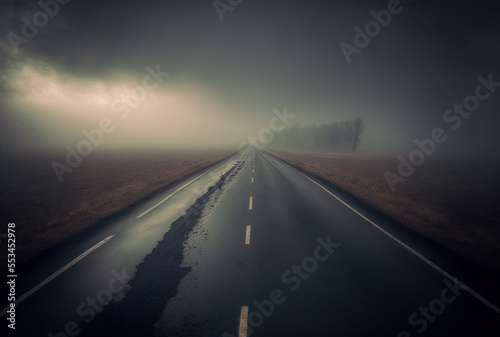 Stunning scene of a deserted asphalt road under a foggy sky. Generative AI