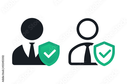 Person with shied checkmark. Employee insurance. Illustration vector