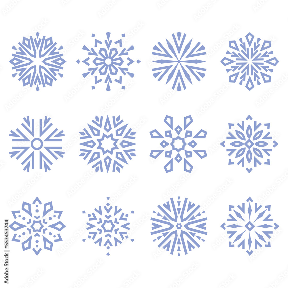 Snowflakes icon collection. Graphic modern blue and white ornament. Snowflakes icon collection. Graphic modern blue and white ornament.