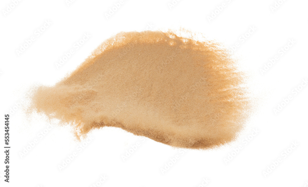 Small size fine Sand flying explosion, Golden grain wave explode. Abstract cloud fly. Yellow colored sand splash silica in Air. White background Isolated high speed shutter, throwing freeze shot Small size fine Sand flying explosion, Golden grain wave explode. Abstract cloud fly. Yellow colored sand splash silica in Air. White background Isolated high speed shutter, throwing freeze shot