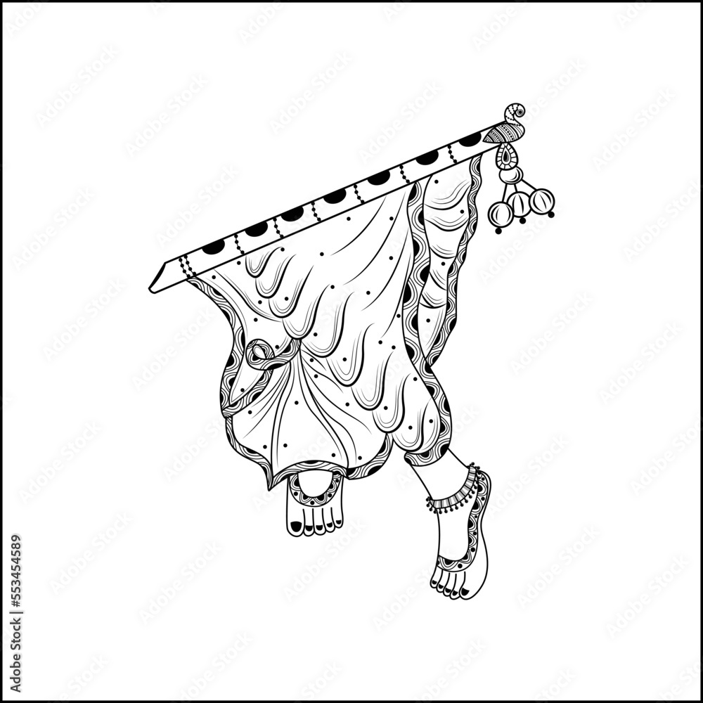 Artistic line drawing of Indian traditional Music Instrument flute with  Indian lord krishna leg illustration - Vector Indian god Lord Krishna  Bansuri Line Art black and white clip art illustration. Stock-vektor