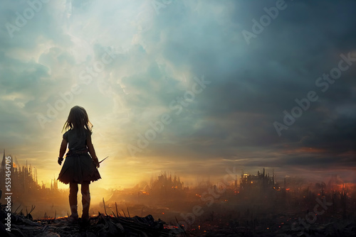 kleines Mädchen steht vor Ruinen, zerstörte Stadt im Krieg - Thema Kinder und Krieg