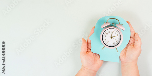 Fototapeta Naklejka Na Ścianę i Meble -  Head with alarm clock, time pressure and management in business, having a deadline or appointment, efficiency planning
