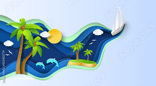 Yacht cruise paper cut style vector illustration