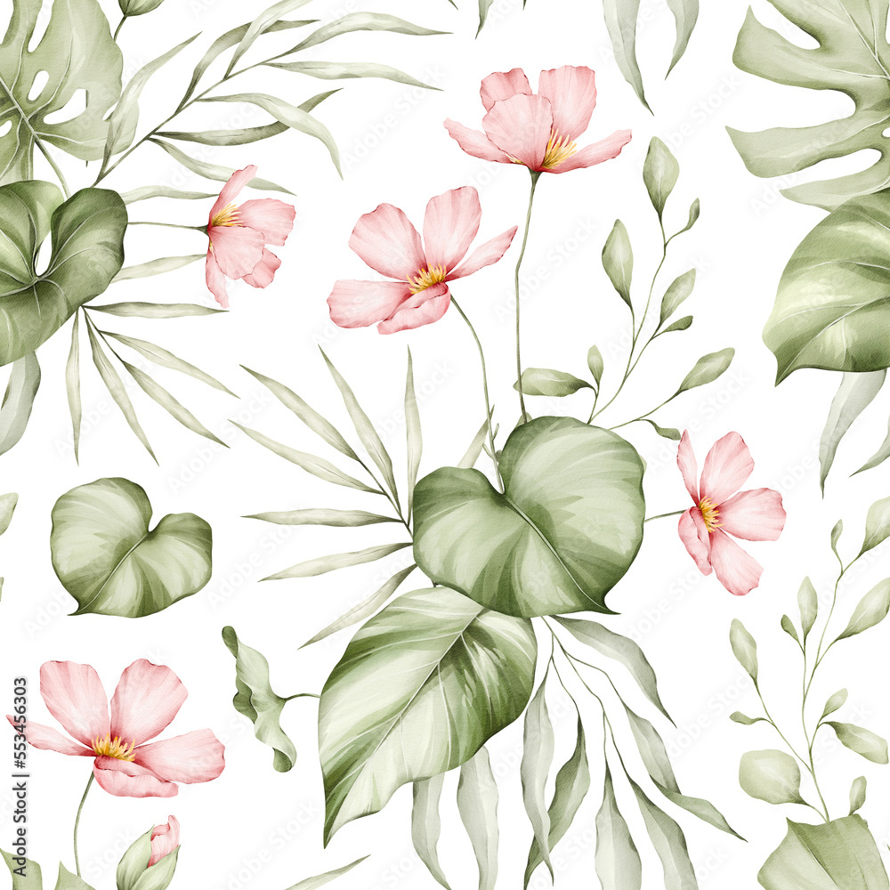 Tropical leaves watercolor seamless pattern. Monstera, palm tree, pink flowers and jungle plants background. Botanical texture for fabric, textile, wallpaper.