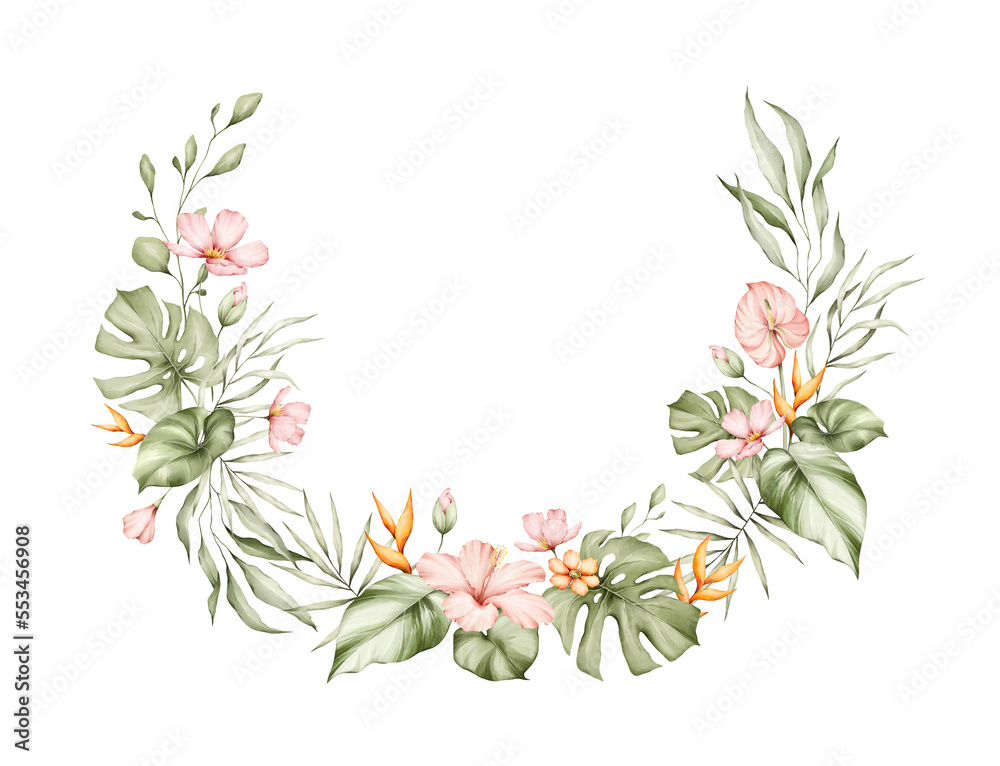 Tropical leaves watercolor wreath. Monstera, hibiscus flowers, strelitzia, palm tree and other jungle plants. Floral frame, botanical card for wedding invitation. 